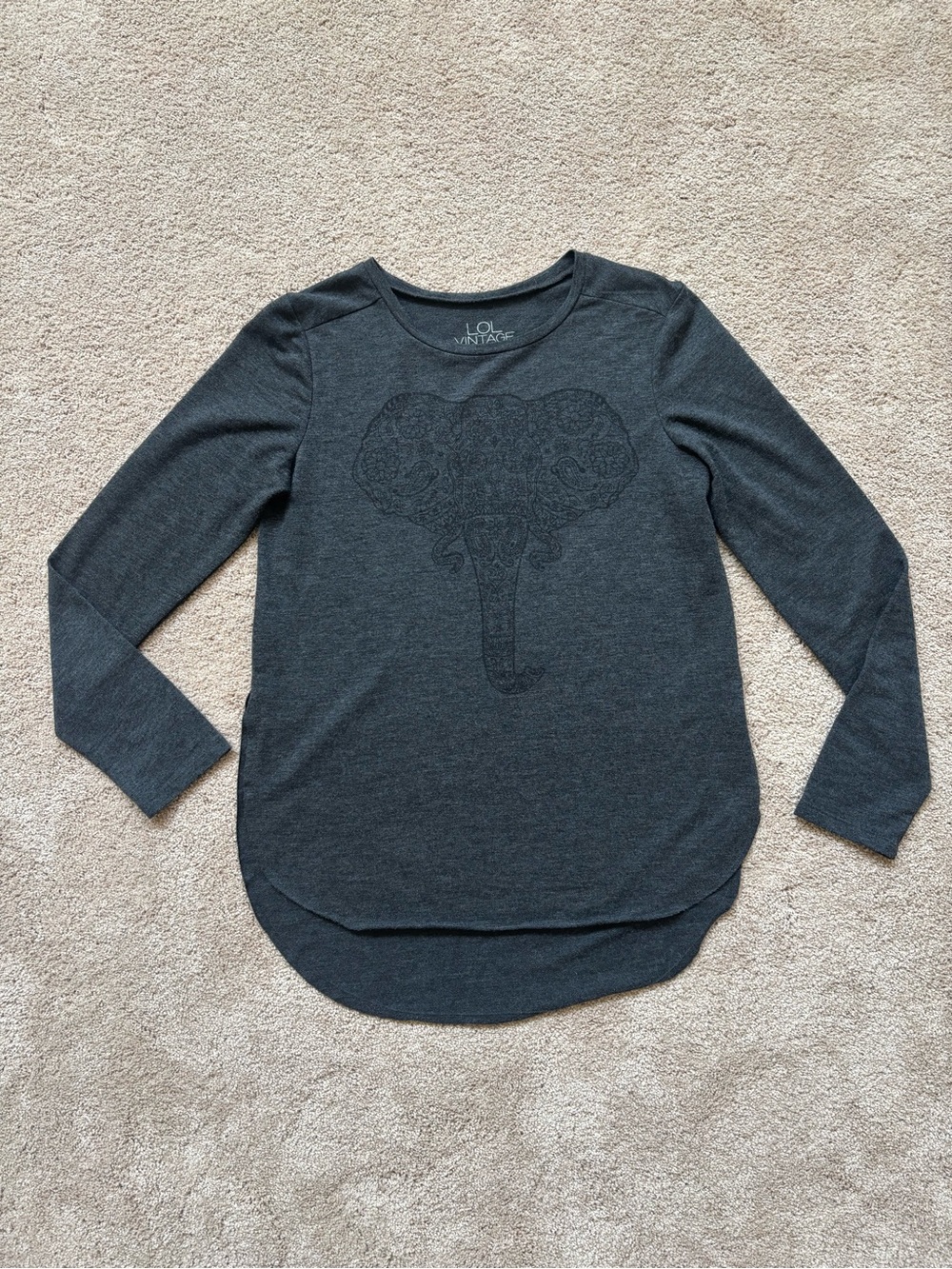 L.O.L. Vintage Charcoal Gray Elephant Long Sleeve Tee